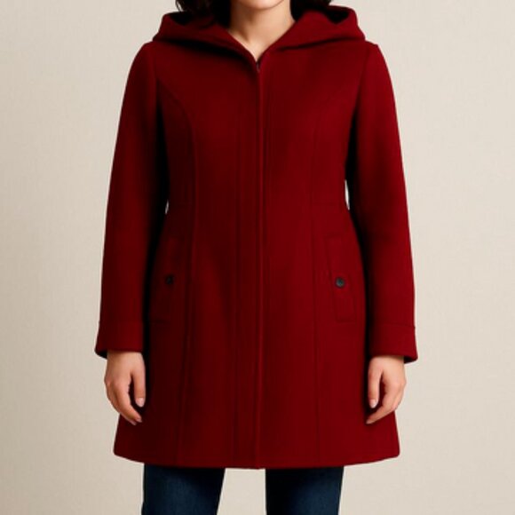 London Fog Wool Blend Pea Coat Red Hooded Zip Closure Women's Size Small - Picture 1 of 5